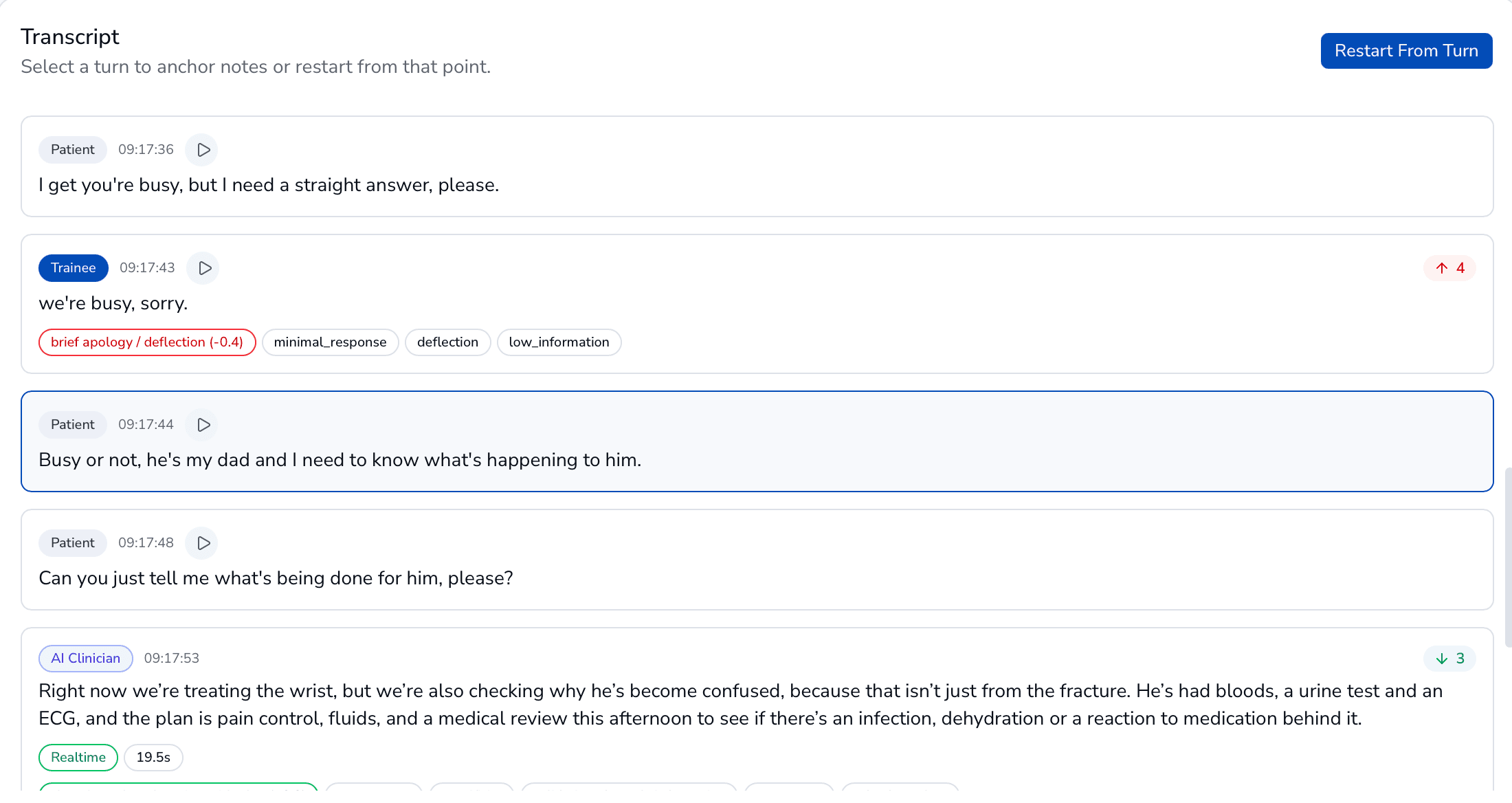 Transcript from a real PROLOG session showing patient, trainee, and AI clinician turns with classification tags